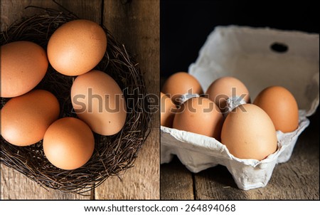 Compilation of fresh eggs images in moody natural lighting setting with vintage style