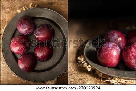 Compilation of images fresh plums in moody natural lighting set up with vintage style