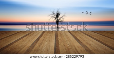 Conceptual fine art image of tree and birds in still waters with wooden planks floor