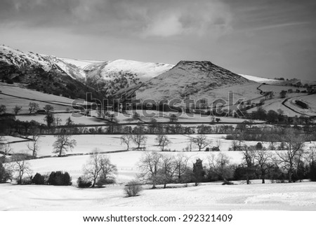 Beautiful Winter landscape snow covered rural countryside in black and white