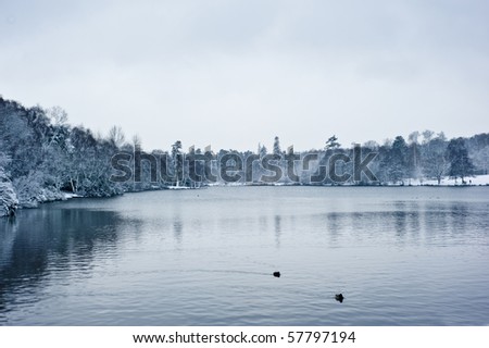 Frozen thawing lake in snow landscape