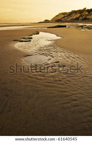 Tall view of sandy beach with low tide puddles and rocky foreground interest and sand patterns and texture