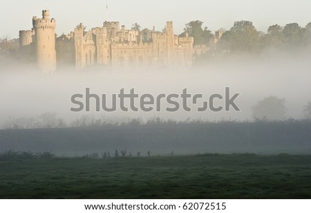 Forest and field scene with mist and fog with ancient castle visible in background