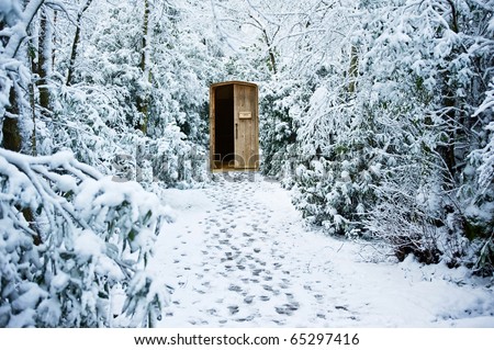 Path through winter forest leading to secret hidden door