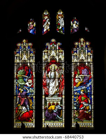 Stunning 15th Century stained glass window detail depicting resurrection of Jesus
