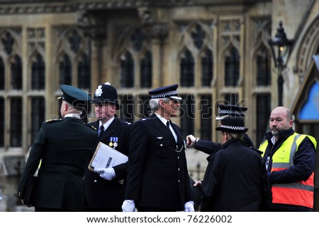 LONDON - APRIL 29 - Members of the Police security forces finalize logistics for the Royal Wedding of Prince William and Kate Middleton April 2, 2011 at Westminster Abbey in London