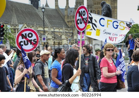 LONDON - JUNE 30; Unidentified members of trade unions protest against government reform during a general strike organised by PCS and NUT unions in London on June 30, 2011