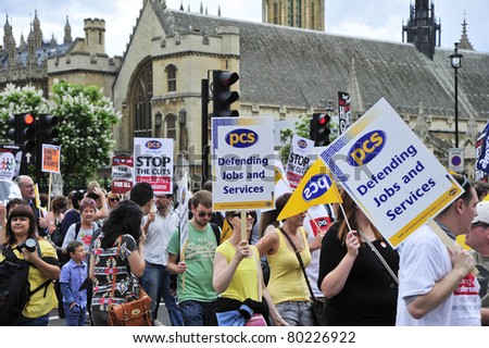 LONDON - JUNE 30; Unidentified members of various trade unions protest during general strike organised by PCS and NUT trade unions against government reform proposlas in London on June 30, 2011