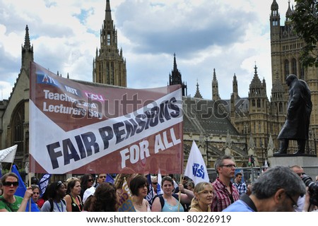 LONDON - JUNE 30; Unidentified members of trade unions demonstrate outside parliament against government proposals to cut spending during an event organised by trade unions in London on June 30, 2011