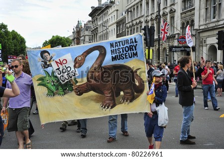 LONDON - JUNE 30; Unidentified civil servants march against proposed job cuts made by the government during a demonstration  organised by trade unions in London on June 30, 2011