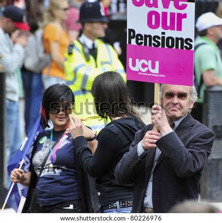 LONDON - JUNE 30; An unidentified elderly man protests against proposed pension reforms during a demonstration  organised by teachers trade unions NUT and UCU in London on June 30, 2011