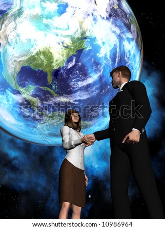 A global deal takes place with a man and a woman shaking hands in front of a globe
