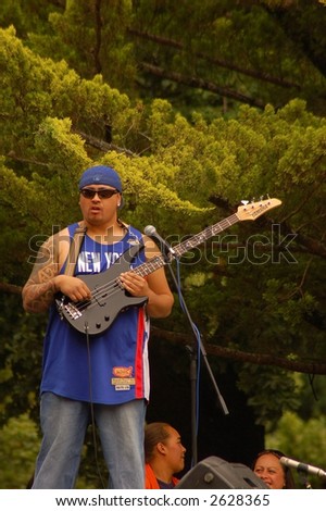 bass player at Waitangi day celebrations New Zealand