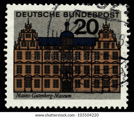 GERMANY -CIRCA 1964: Stamp printed in Germany shows a graphic of Guttenberg Museum in Mainz, circa 1964. Mainz is a city in Germany and the capital of the German federal state of Rhineland-Palatinate.