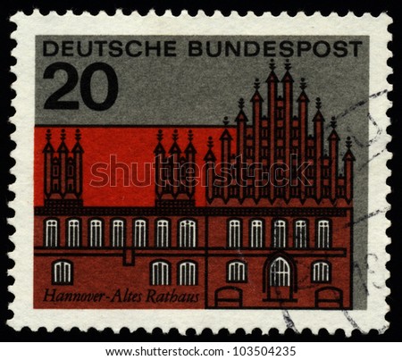 GERMANY -CIRCA 1964: Stamp printed in Germany shows graphic of the Old Court House in Hanover, circa 1964. Hanover on the river Leine, is the capital of the federal state of Lower Saxony.