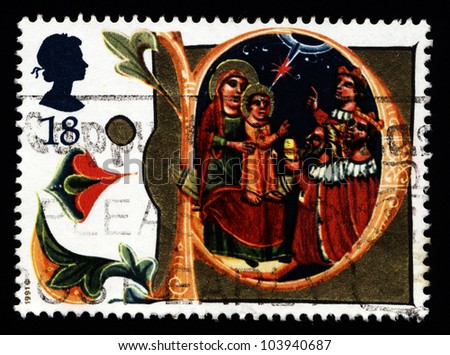 UNITED KINGDOM - CIRCA 1991: A stamp printed in United Kingdom shows the illuminated letter P from the Venetian manuscript Acts of Mary and Jesus and celebrates Christmas, circa 1991.