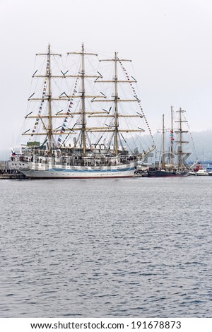 VARNA, BULGARIA - MAY 01, 2014: Varna is a host of the international maritime event - the SCF Black Sea Tall Ships Regatta. The Russian tall ship \