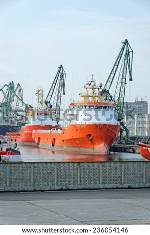 Varna, BULGARIA - November 29, 2014: Two supply ships NORMAND CORONA and NORMAND CARRIER at Port of Varna-East. The vessels will take part in the construction of gas pipeline from Russia to Europe.