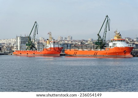 Varna, BULGARIA - November 29, 2014: Two supply ships NORMAND CORONA and NORMAND CARRIER at Port of Varna-East. The vessels will take part in the construction of gas pipeline from Russia to Europe.