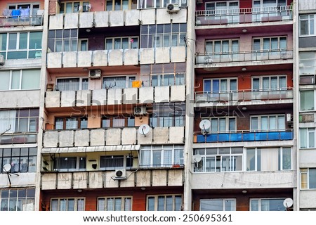 VARNA, Bulgaria, FEB 07, 2015: Old and neglected block of flats. The Bulgarian government is about to run a massive program to renovate blocks with EU funds.