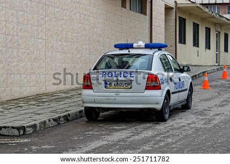 VARNA, Bulgaria, FEB 07, 2015: Police car on duty in downtown Varna. Law enforcement services in Bulgaria are provided by several different departments of the Ministry of Interior affairs.