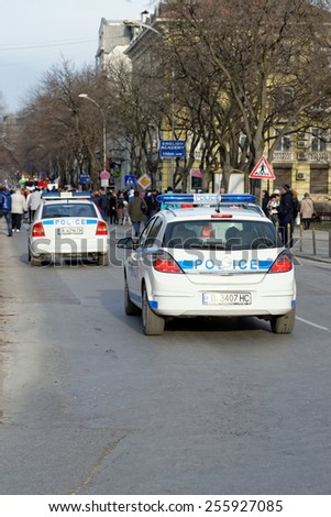 Varna, Bulgaria, FEB 22, 2015: Police car on duty in downtown Varna. Law enforcement services in Bulgaria are provided by several different departments of the Ministry of Interior affairs.