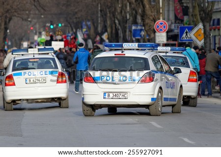 Varna, Bulgaria, FEB 22, 2015: Police car on duty in downtown Varna. Law enforcement services in Bulgaria are provided by several different departments of the Ministry of Interior affairs.