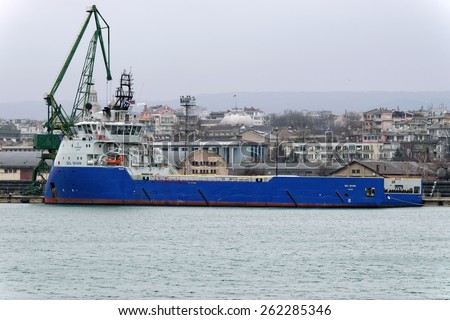Varna, BULGARIA - March 7, 2015: Supply ship SEA SPARK moored at Port of Varna-East. The vessel will take part in the construction of gas pipeline from Russia to Europe.
