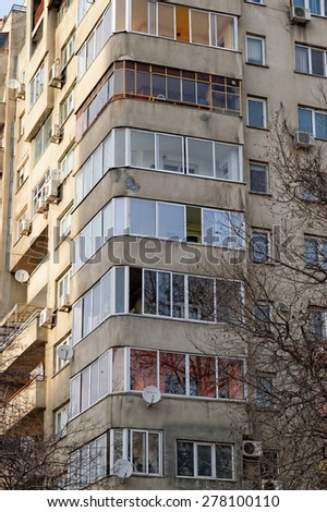 VARNA, Bulgaria, FEB 22, 2015: Old and neglected block of flats. The Bulgarian government is about to run a massive program to renovate blocks with EU funds.