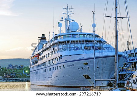 VARNA, BULGARIA - MAY 26, 2015: Passenger ship STAR PRIDE at dusk (Year Built: 1988, Flag: Bahamas) moored in Port of Varna.