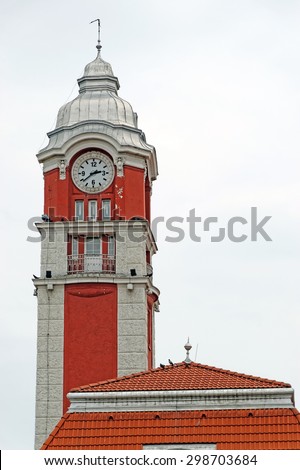 Detail view of Varna train station clock tower. The Railway station and its clock tower were built by Pitel-Brauseweter Co. in 1925.