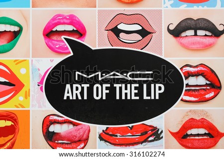 MUNICH, GERMANY - 4 AUGUST 2015: Advertisement of the MAC Cosmetics (Make-up Art Cosmetics; stylized as M.A.C) is a manufacturer of cosmetics headquartered in New York City.