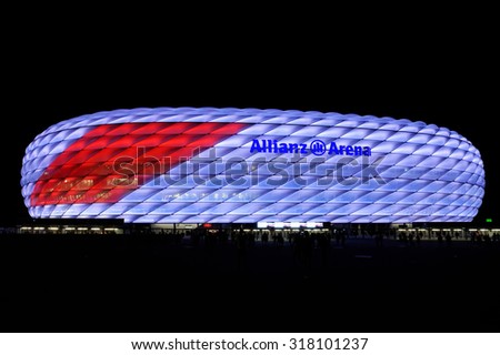 MUNICH, GERMANY - 4 AUGUST 2015: Allianz arena is a football stadium with a 75,024 seating capacity. It is the first stadium in the world with a full color-changing color exterior.