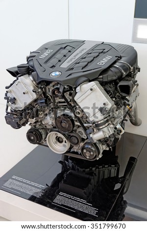 MUNICH, GERMANY - 4 AUGUST 2015: BMW TwinPower Turbo 8-cylinder petrol engine exhibited at BMW World showroom