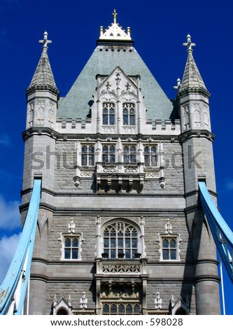 Details looking up at one of the towers of london\'s Tower bridge