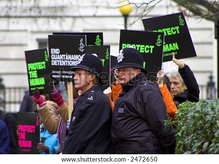 In London, crowds of protesters gathered outside the American embassy demanding the closure of the US prison camp in Guantanamo Bay, Cuba.