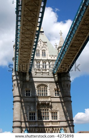 Looking up at one of the towers of London\'s Tower bridge