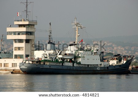 Bulgarian navy ship, moored in Naval force base in Varna, Bulgaria