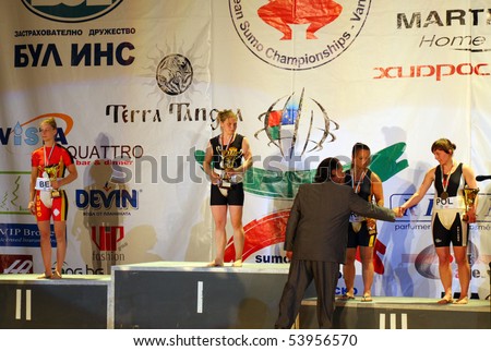 VARNA, BULGARIA - MAY 26: Prize giving ceremony at the 2010 European Sumo Championships for Men/Women and U21 on May 26, 2010 in Varna, Bulgaria.