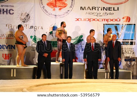 VARNA, BULGARIA - MAY 26: Bulgarian President Georgi Parvanov atended the Prize giving ceremony at the 2010 European Sumo Championships for Men/Women and U21 on May 26, 2010 in Varna, Bulgaria.