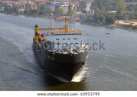 VARNA, BULGARIA - SEPTEMBER 19: Bulgarian cargo ship GEROITE NA ODESSA (Year Built: 1978, DeadWeight: 12900 t) sails to a special ferry terminal on September 19, 2010 in Varna, Bulgaria.
