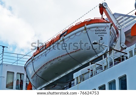 VARNA, BULGARIA - APR 22: Passenger ship KRISTINA KATARINA (Year Built: 1982, Flag: Finland) moored in Port of Varna on April 22, 2011 in Varna, Bulgaria. One of the lifeboats on board the ship.