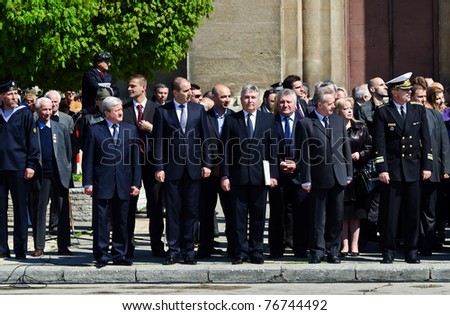 VARNA, BULGARIA - MAY 6: Local dignitaries watch participants march in a military parade on May 6, 2011 in Varna, Bulgaria. The parade is held to celebrate May 6, the Day of Saint George the Victorious, and the Day of the Bulgarian Army.