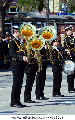 VARNA, BULGARIA - MAY 6: Unidentified members of the Official Navy marching band take part in a military parade on May 6, 2011 in Varna, Bulgaria. May 6, is the Day of the Bulgarian Army.