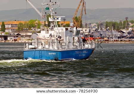 VARNA, BULGARIA - MAY 25: Bulgarian border police vessel sails back to her base on May 25, 2011 in Varna, Bulgaria. Her mission was to secure the submerging of the TU-154 former government aircraft.