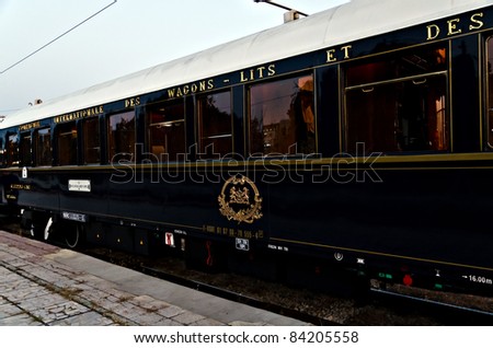 VARNA, BULGARIA - SEPTEMBER 6: The legendary \'Orient Express\' is ready to depart from Varna Railway Station on September 6, 2011 in Varna, Bulgaria. The luxury train travels between Paris and Istanbul