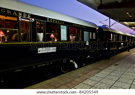 VARNA, BULGARIA - SEPTEMBER 6: The legendary 'Orient Express' is ready to depart from Varna Railway Station on September 6, 2011 in Varna, Bulgaria. The luxury train travels between Paris and Istanbul