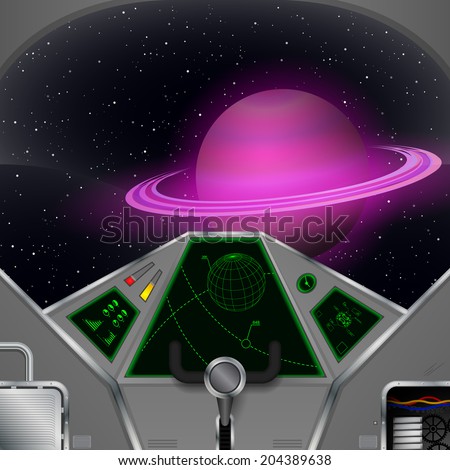 Spaceship cabin Vector spacecraft interior with the Saturn view Spaceship cabin Vector spacecraft interior with the Saturn view