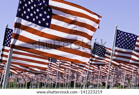 Many American flags flapping in the wind together on a national holiday