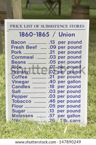 List of food prices for Union soldiers at reenactment of battle in American Civil War (1861-1865), Lombard, Illinois